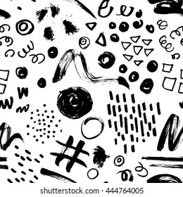 Vector seamless trendy modern brush stokes, spots and geometry shape pattern. Messy ink dry brush background with shapes and textures. Artistic pattern. Great for print, wrapping paper, wallpaper