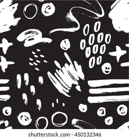 Vector seamless trendy modern brush stokes, spots and geometry shape pattern. Messy ink dry brush background with trendy shapes and textures. Black and white artistic print. Great for wrapping paper