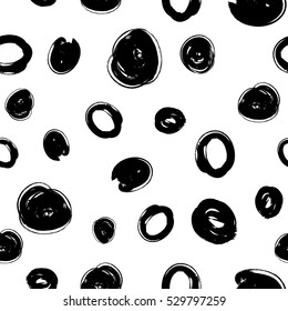 Vector seamless trendy modern brush spot and circle pattern. Messy ink dry brush background. Black artistic pattern. Great for print, wrapping paper, wallpaper,