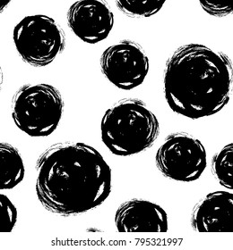 Vector seamless trendy modern brush spot and circle pattern. Messy ink dry brush background. Black artistic pattern. Great for print, wrapping paper, wallpaper,