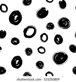 Vector seamless trendy modern spot and circle pattern. Messy ink dry brush background. Black artistic pattern. Great for print, wrapping paper, wallpaper,