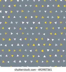 Vector seamless trendy modern triangle spot pattern. Gold and white spots on gray background. Seamless pattern for web print, textile print, wrapping paper, wallpaper, invitation card and scrapbooking