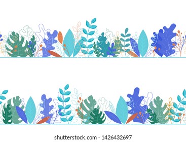 Vector seamless trendy plant borders set. Flat leaves isolated on white background.