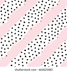 Vector seamless trendy stripes and polka dot pattern. Modern ink brush elements background. Great for print, wrapping paper, wallpaper