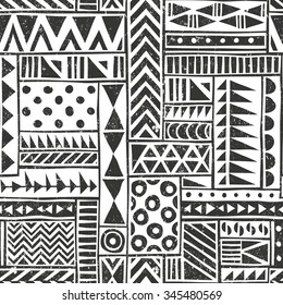 Vector seamless tribal pattern. Seamless background with different geometric shapes. Hand drawn illustration.. Contains no transparency and blending modes. 