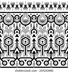Vector Seamless Tribal Pattern. Black and White Ethnic Print Ornament with Circles, Triangles and Arrows