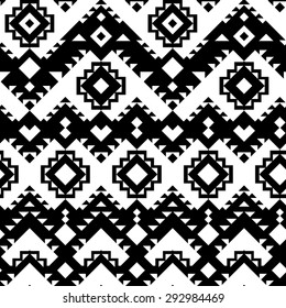 Vector Seamless Tribal Pattern. Black and White Geometrical Ethnic Print Ornament with Mix of Rhombus, Triangles and Stripes