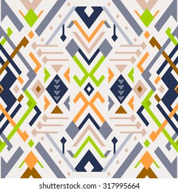 Vector Seamless Tribal Pattern. Ethnic Print Ornament with Triangles, Stripes and Rhombuses