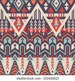 Vector Seamless Tribal Pattern. Geometrical Ethnic Print Ornament with Rhombus, Triangles and Stripes