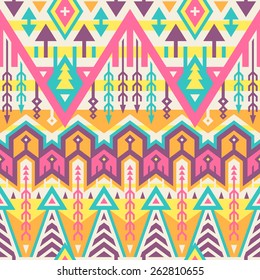 Vector Seamless Tribal Pattern. Geometrical Ethnic Print Ornament with Mix of Rhombus, Triangles and Stripes
