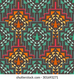 Vector Seamless Tribal Pattern. Geometrical Ethnic Print Ornament with Triangles and Stripes. Psychedelic Mix of Triangles