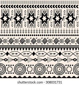 Vector Seamless Tribal Pattern. Geometrical Ethnic Print Ornament with Triangles and Stripes