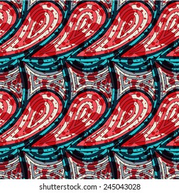 Vector seamless tribal pattern. Grunge stained geometric background. Bright, colorful backdrop for web page, card design. EPS10 abstract vector background.