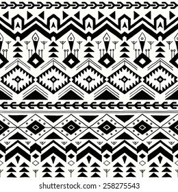 Vector Seamless Tribal Pattern in Hand Drawn Style. Black and White  Ethnic Background