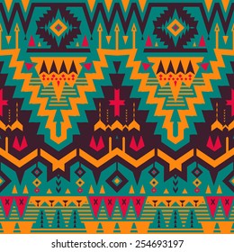 Vector Seamless Tribal Pattern in Orange and Emerald Colors. Geometrical Ethnic Print Ornament with Triangles, Rhombus and Stripes