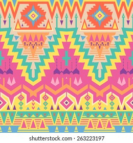 Vector Seamless Tribal Pattern in Psychedelic Colors. Ethnic Ornament with Triangles, Rhombus and Stripes