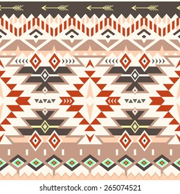 Vector Seamless Tribal Pattern in Red - Brown Colors. Ethnic Ornament with Triangles, Rhombus and Stripes. Textile Design