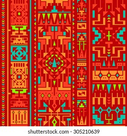 Vector Seamless Tribal Pattern in Red - Brown Colors. Ethnic Ornament with Triangles, Rhombus and Stripes. Textile Design