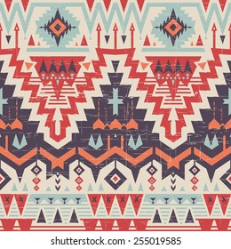 Vector Seamless Tribal Pattern in Scratches Style. Ethnic Ornament with Triangles, Rhombus and Stripes