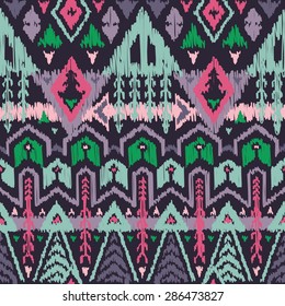 Vector Seamless Tribal Pattern in Scribble Style. Handicraft Ethnic Ornament with Triangles, Rhombuses and Stripes. Rough Edges Shapes