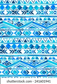 vector seamless tribal pattern in shades of blue and turquoise. aztec ethnic motifs in striped layout.