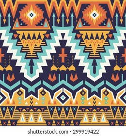 Vector Seamless Tribal Pattern. Stylish Art Ethnic Print Ornament with Triangles, Chevrons, Rhombuses and Stripes