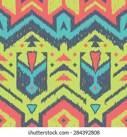 Vector Seamless Tribal Pattern for Textile Design. Colorful Ethnic Print Ornament with Triangles, Chevrons and Rhombuses. Knitting Edges Shapes