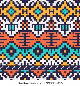 Vector Seamless Tribal Pattern for Textile Design. Geometrical Ethnic Ornament with Mix of Rhombuses, Squares and Stripes