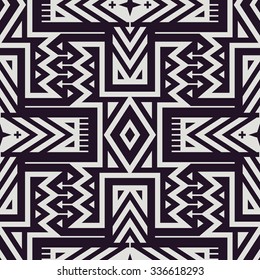 Vector Seamless Tribal Pattern for Textile Design. Monochrome Ethnic Print with Mix of Rhombuses, Triangles and Stripes
