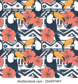 Vector Seamless Tribal Pattern with toucans. Geometrical Ethnic Print Ornament 
