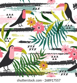 Vector Seamless Tribal Pattern with toucans. Geometrical Ethnic Print Ornament. Tropic theme.