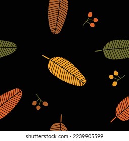 Vector seamless tropical background. Botanical pattern. Bright foliage. Tropical plants. Fabric, paper, wallpaper.
