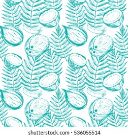 Vector seamless tropical background with coconut. Hand drawn food illustration in vintage style for print, textile, wrapping and other seamless design. 