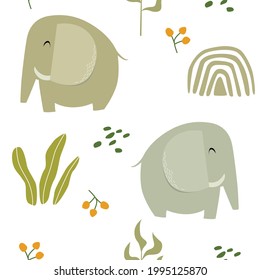 Vector de fondo tropical sin fisuras con elefante. elefante de dibujos animados. Animal africano. Tela para niños. Safari. Fondo de verano.