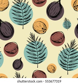 Vector seamless tropical background with ink drawn coconut and palm leaves on colored circle on beige. Food illustration in vintage style for print, textile, wrapping and other seamless design.