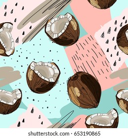 Vector seamless tropical background with ink drawn coconut. Food illustration in vintage style for print, textile, wrapping and other seamless design.