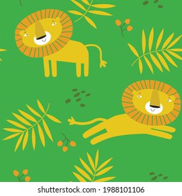 Vector seamless tropical background with lion. Cartoon lion. African animal. Fabric for children. Safari. Summer green background.