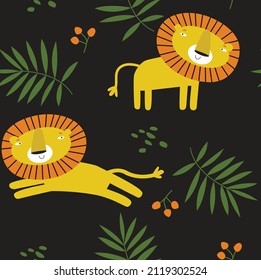 Vector seamless tropical background with lion. Cartoon lion. African animal. Fabric for children. Safari. 
