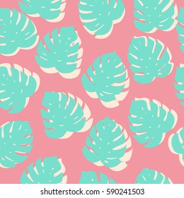 Vector seamless tropical background with pattern of palm leafes. Fabric textile print. Pink green color