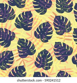 Vector seamless tropical background with pattern of palm leafes. Fabric textile print. Yellow color