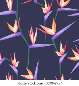 vector seamless tropical bird of paradise plant pattern, exotic flower blooming in summer. modern graphical floral background allover print. all elements are editable.