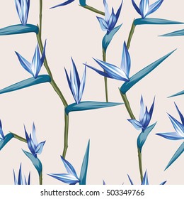 vector seamless tropical bird of paradise plant pattern, exotic flower blooming in summer. modern graphical floral background allover print. all elements are editable.