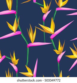 vector seamless tropical bird of paradise plant pattern, exotic flower blooming in summer. modern graphical floral background allover print. all elements are editable.