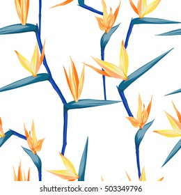 vector seamless tropical bird of paradise plant pattern, exotic flower blooming in summer. modern graphical floral background allover print. all elements are editable.