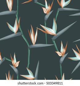 vector seamless tropical bird of paradise plant pattern, exotic flower blooming in summer. modern graphical floral background allover print. all elements are editable.