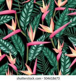vector seamless tropical bird of paradise plant pattern with leaves, exotic flower blooming in summer. modern graphical floral background allover print. all elements are separate and editable.