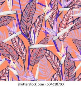 vector seamless tropical bird of paradise plant pattern with leaves, exotic flower blooming in summer. modern graphical floral background allover print. all elements are separate and editable.