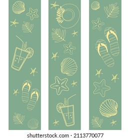 vector seamless tropical border with beach accessories, starfish, shells and leaves