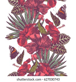 Vector seamless tropical border. Hawaiian style floral background with hibiscus flowers, leaves and butterflies