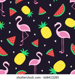 Vector seamless tropical crazy colors pattern. Pineapple, flamingos, watermelon. 